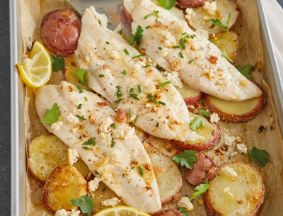 Baked Petrale Sole with Lemon, Potatoes & Chives