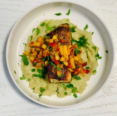 Blackened Salmon with Jalapeno Peach Salsa and Pureed Cauliflower